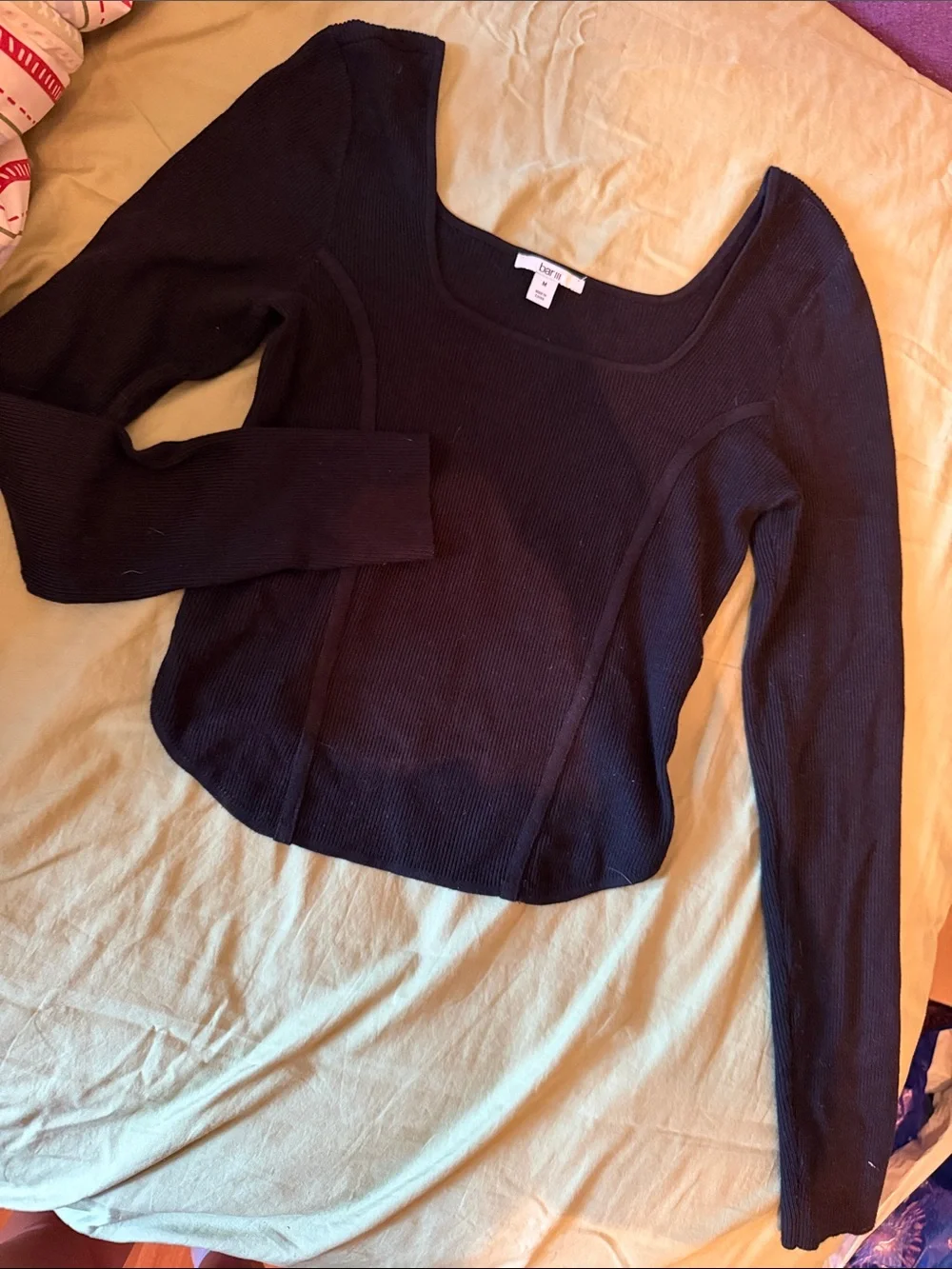 bar III Black Ribbed Scoop-Neck Long-Sleeve Crop Top